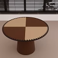 Round glass dining table with patchwork top and cylindrical base in sunlight through window blinds 3d model