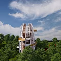 Modern Spiral Tower Architecture Surrounded by Green Trees and Lush Grass