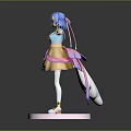 Anime Character Figure With Blue Hair And Pink White Outfit On Pink Base