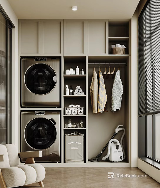 Organized Home Balcony With Stacked Washing Machines Storage Cabinets Hanging Clothes And Cleaning Tools 3d model 