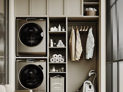Organized Home Balcony With Stacked Washing Machines Storage Cabinets Hanging Clothes And Cleaning Tools 3d model