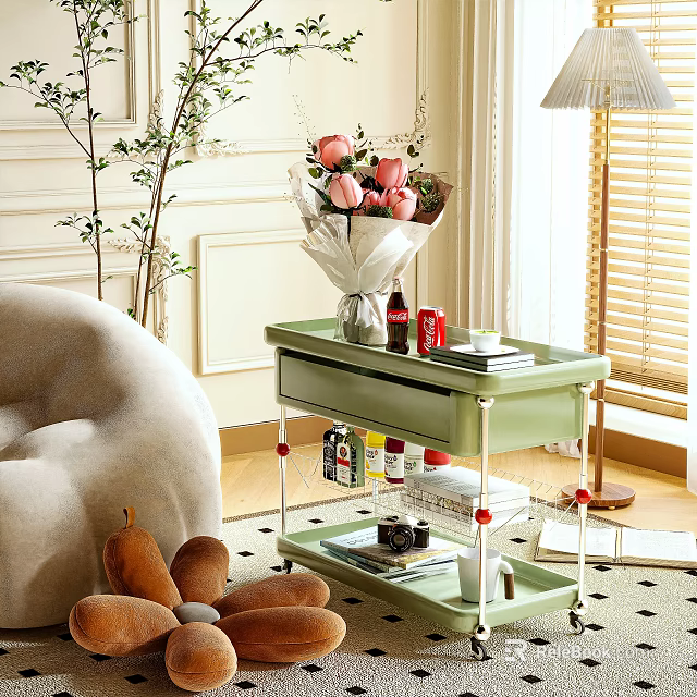 Green Side Table with Floral Arrangement Drinks and Books in Living Room 3d model 