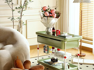 Green Side Table with Floral Arrangement Drinks and Books in Living Room 3d model