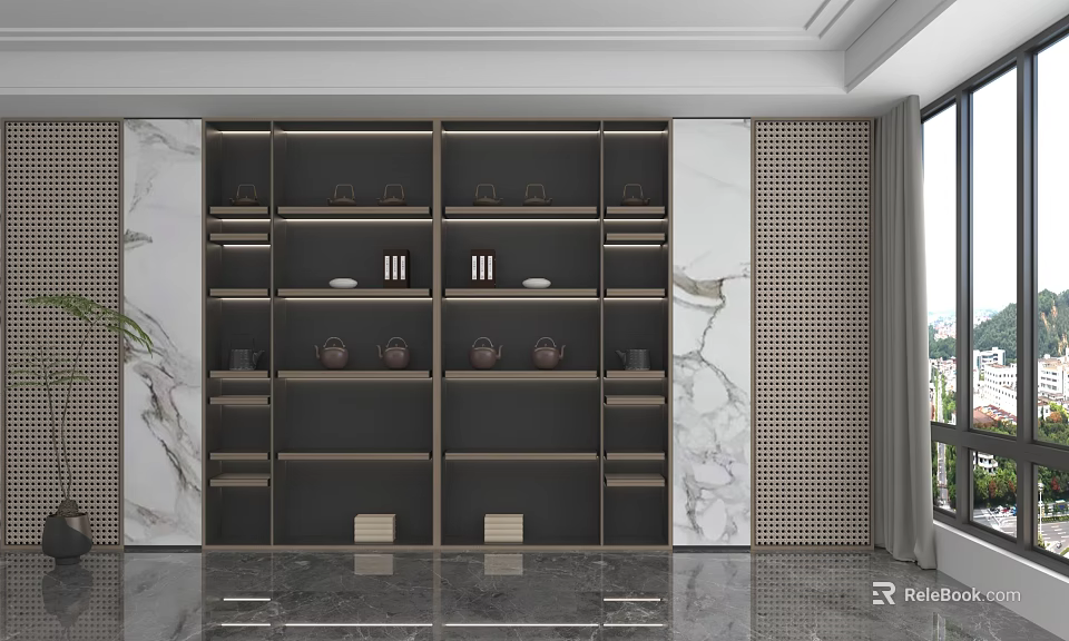 Modern Storage Cabinet Shelf with Marble Wall Multi Layer Shelves Holding Tea Sets and Lattice 3d model 