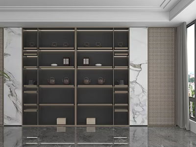 Modern Storage Cabinet Shelf with Marble Wall Multi Layer Shelves Holding Tea Sets and Lattice 3d model