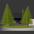 Miniature Wooden House Model With Black Roof Pine Trees And Green Lawn Pathway