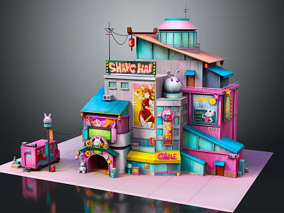 Colorful Cartoon Building Scene With Shave Ray Signboard Ice Cream Truck And Posters 3d model