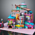 Colorful Cartoon Building Scene With Shave Ray Signboard Ice Cream Truck And Posters