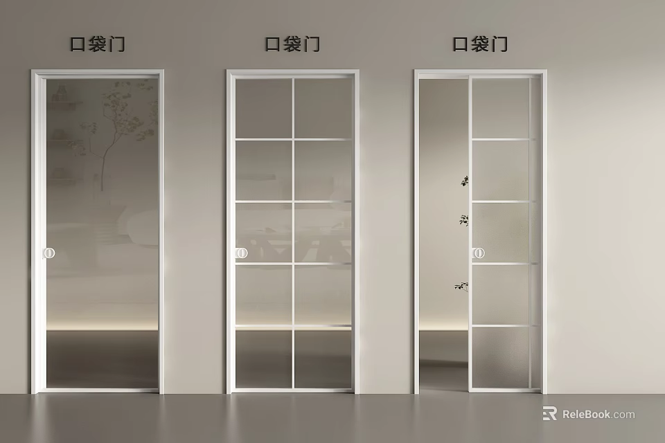 Modern Hinged Doors with Pocket Design and Patterned Glass Panels for Interior Spaces 3d model