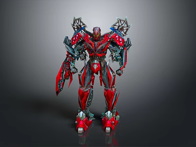 Red And Silver Mechanical Robot With Complex Armor And Weapon Standing Pose 3d model