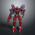 Red And Silver Mechanical Robot With Complex Armor And Weapon Standing Pose