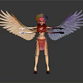 Bird Standing with Outstretched Colorful Golden Purple Wings Red Top Skirt Feathered Headdress High Heels