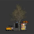 Urban Roadside Scene With Cars Food Stalls Blue Shelter Street Signs And Bare Tree