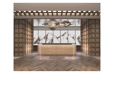 Elegant Lobby Interior With Wooden Grid Walls Golden Reception Counter Modern Chandelier And Herringbone Floor 3d model