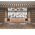 Elegant Lobby Interior With Wooden Grid Walls Golden Reception Counter Modern Chandelier And Herringbone Floor