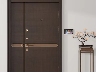Elegant Dark Brown Security Door With Brass Accents Smart Lock Panel And Chinese Bonsai Decor 3d model