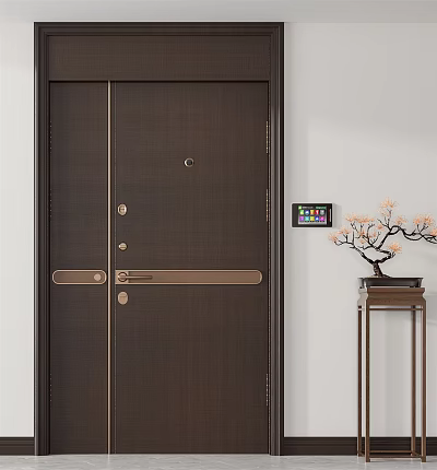 Elegant Dark Brown Security Door With Brass Accents Smart Lock Panel And Chinese Bonsai Decor 3d model