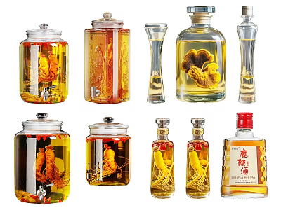 Wine Bottles And Wine Glasses With Traditional Chinese Herbal Infusions Different Shapes And Medicinal Herbs 3d model