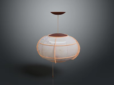 Modern Hanging Lamp With Round Paper Lampshade Orange Lines And Dark Brown Top Base 3d model