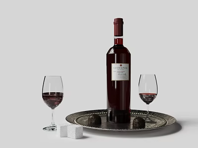 Red Wine Bottle and Wine Glasses on Silver Tray with Sugar Cubes and Chocolate Truffles 3d model