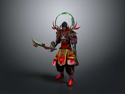 Fantasy Warrior Character With Mythical Creature Headpiece And Ornate Red Gold Costume 3d model
