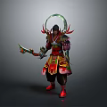 Fantasy Warrior Character With Mythical Creature Headpiece And Ornate Red Gold Costume