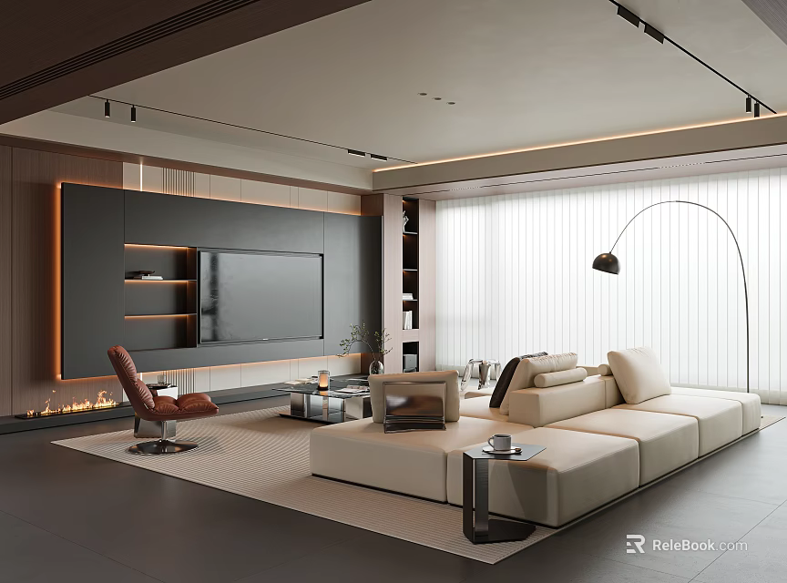 Modern Minimalist Living Room With Large Modular Sofa And Warm Ambient Lighting Design Ideas 3d model 