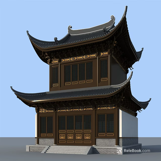 Traditional Ancient Chinese Architecture Two Story Pavilion With Curved Eaves Black Roof And Golden Decorations 3d model 