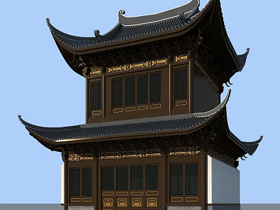 Traditional Ancient Chinese Architecture Two Story Pavilion With Curved Eaves Black Roof And Golden Decorations 3d model