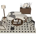 Modern Sofa and Coffee Table Set With Armchairs Checkered Rug Floor Lamp and Side Cabinet