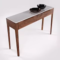 Minimalist Walnut Wood Console Table With Two Black Bowls On Surface