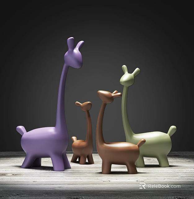 Modern Decorative Giraffe Ornament Set With Purple Brown Green Figurines In Various Sizes 3d model 