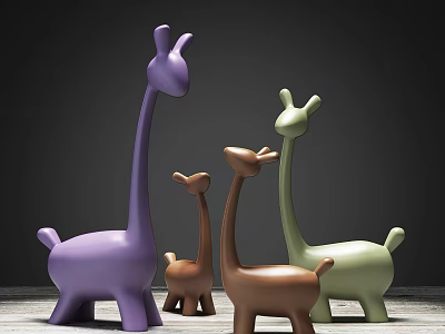 Modern Decorative Giraffe Ornament Set With Purple Brown Green Figurines In Various Sizes 3d model