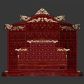 Traditional Chinese Red Carved Throne With Ornate Backrest And Armrests