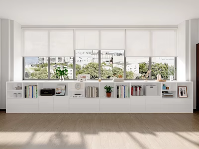Bright Modern Living Room Interior with Large Windows Built in Bookshelves and Green Plants 3d model