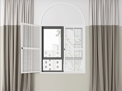 Gray and Beige Curtains Framing Arched Window with Open White Shutters 3d model