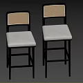 Stylish Black Wood Bar Stools With Natural Rattan Back And Soft Padded Grey Fabric Seats