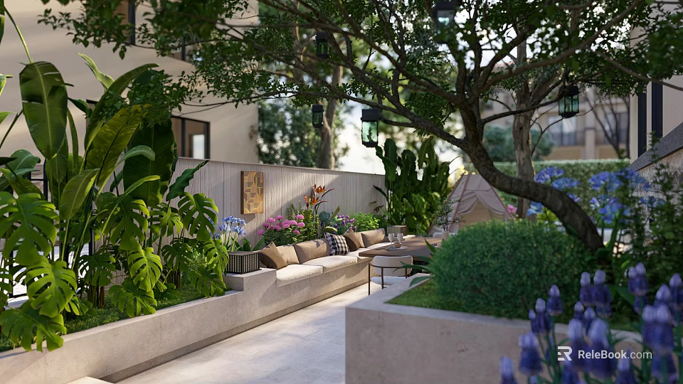 Beautiful Garden Featuring Wooden Bench Lush Green Plants Trees Purple Flowers And Hanging Lanterns 3d model 