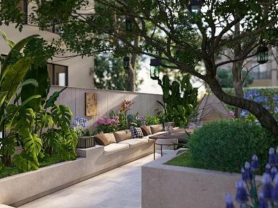 Beautiful Garden Featuring Wooden Bench Lush Green Plants Trees Purple Flowers And Hanging Lanterns 3d model