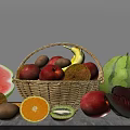 Fresh Assorted Fruits in Wicker Basket with Watermelon Oranges Peaches and Kiwis