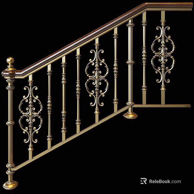 Ornate Metal Railing With Intricate Carvings And Elegant Wooden Handrail Design 3d model 