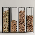 Firewood Stacked in Black Metal Frames with Various Shapes Sizes Against Light Gray Stone Wall
