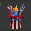 Red White Striped Hat With Blue Stars Holding Colorful Party Supplies Confetti Sticks Silver Streamers