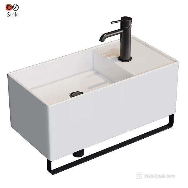 Modern White Rectangular Ceramic Washbasin With Black Faucet And Metal Stand 3d model 