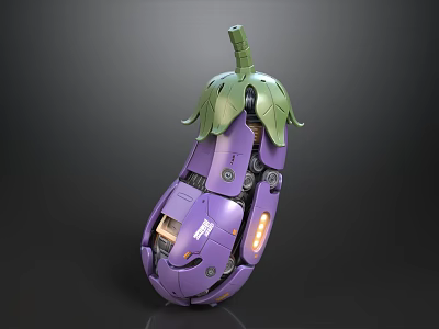 Purple Mechanical Eggplant Design With Green Leaves And Mechanical Structure 3d model