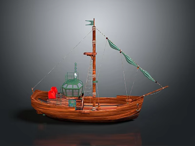 Wooden Sailboat Model With Brown Hull Green Sails Red Lifebuoy And Green Lantern 3d model