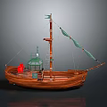 Wooden Sailboat Model With Brown Hull Green Sails Red Lifebuoy And Green Lantern