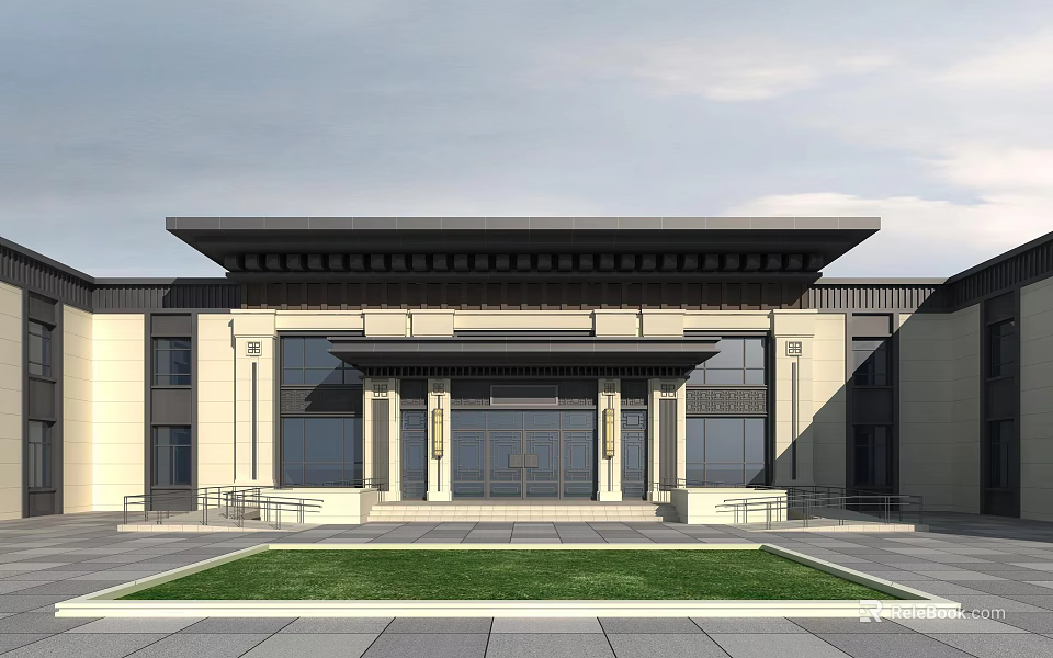 Modern Chinese Entrance Gate With Stone Pillars And Front Lawn Area 3d model 