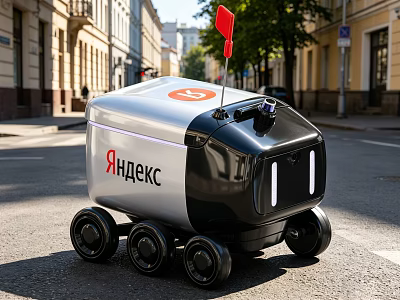 Yandex Silver Black Autonomous Utility Vehicle With Red Flag And Multiple Wheels On Urban Street 3d model