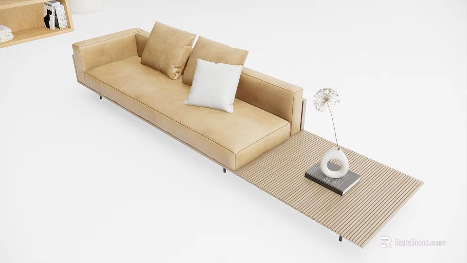 Beige Sectional Sofa With White Cushions And Coffee Table Decor 3d model
